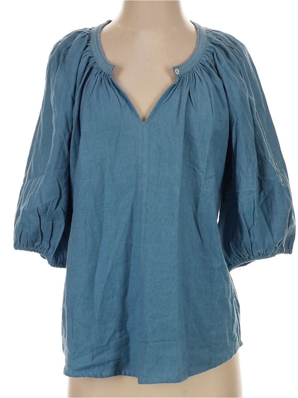 NYMÅNE Blue Cotton Peasant Blouse Split V-Neck Balloon Sleeve Small